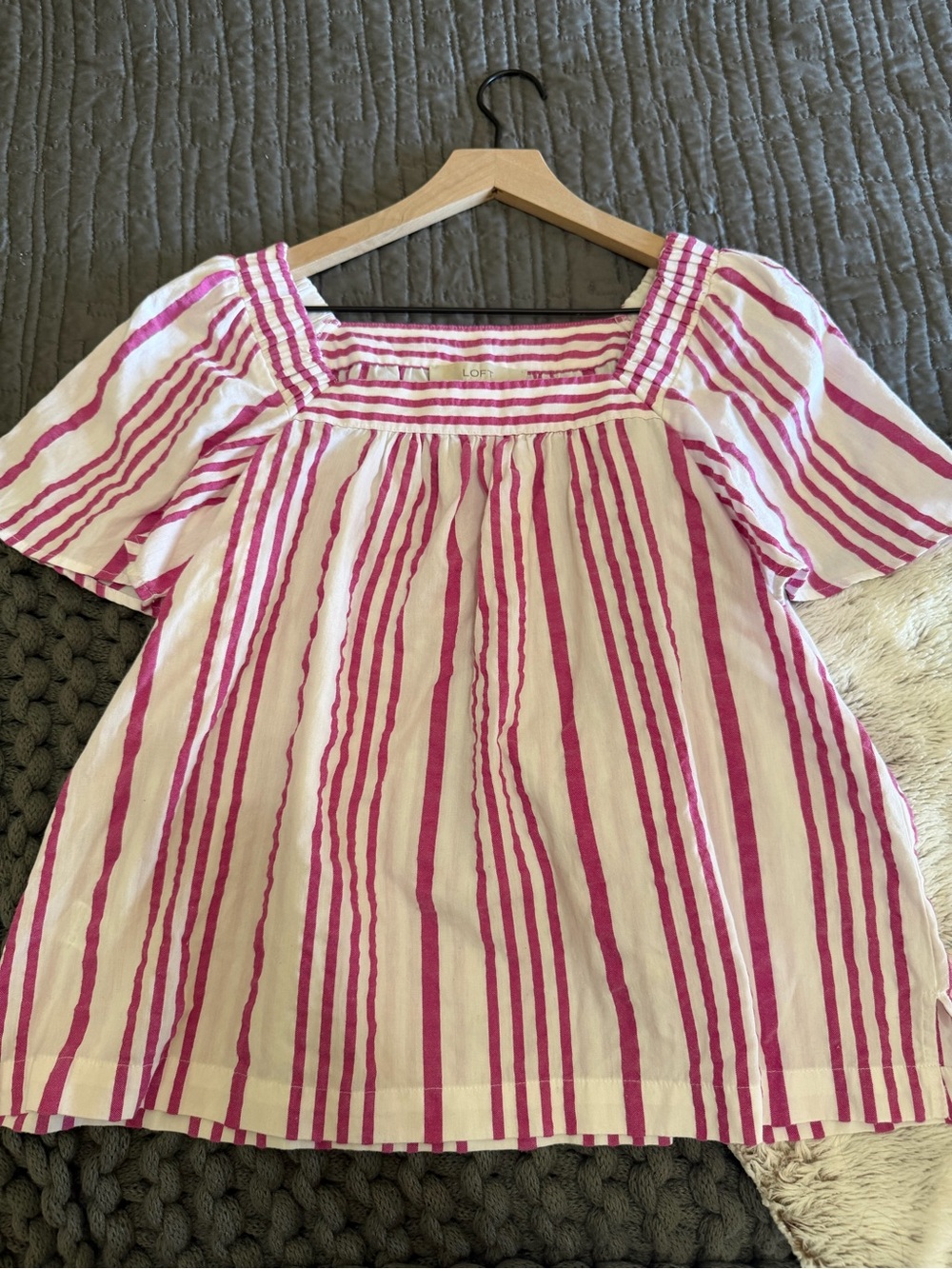 LOFT White and Pink Striped Square-Neck Blouse